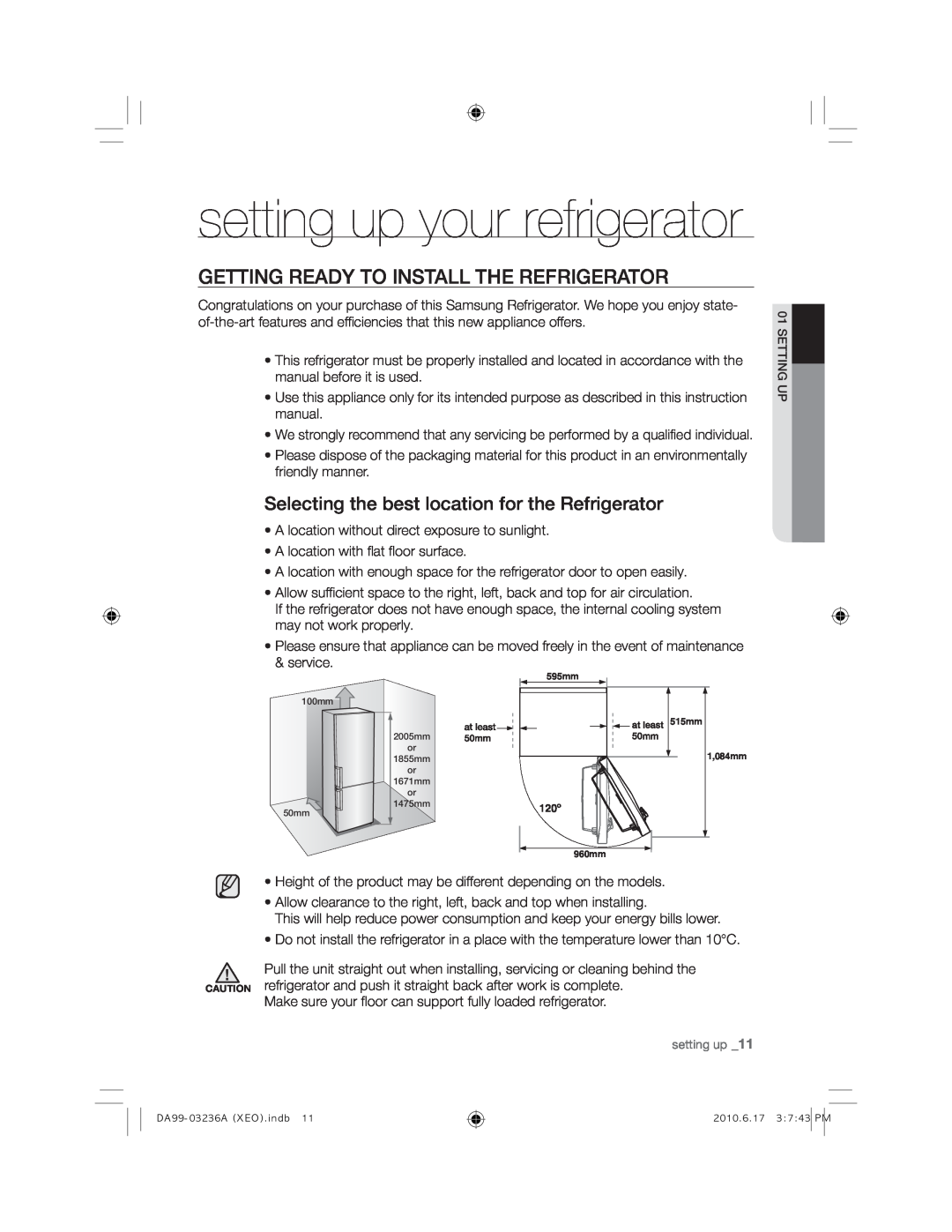 Samsung RL27TDFSW1/XEF manual Getting Ready To Install The Refrigerator, Selecting the best location for the Refrigerator 