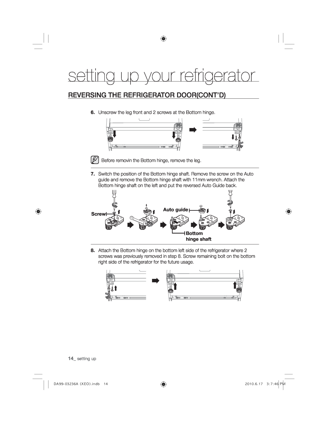 Samsung RL43TGCSW1/XEF, RL43TGCIH1/XEF manual Reversing The Refrigerator Doorcont’D, $XWRJXLGH Screw RWWRP KLQJHVKDIW 