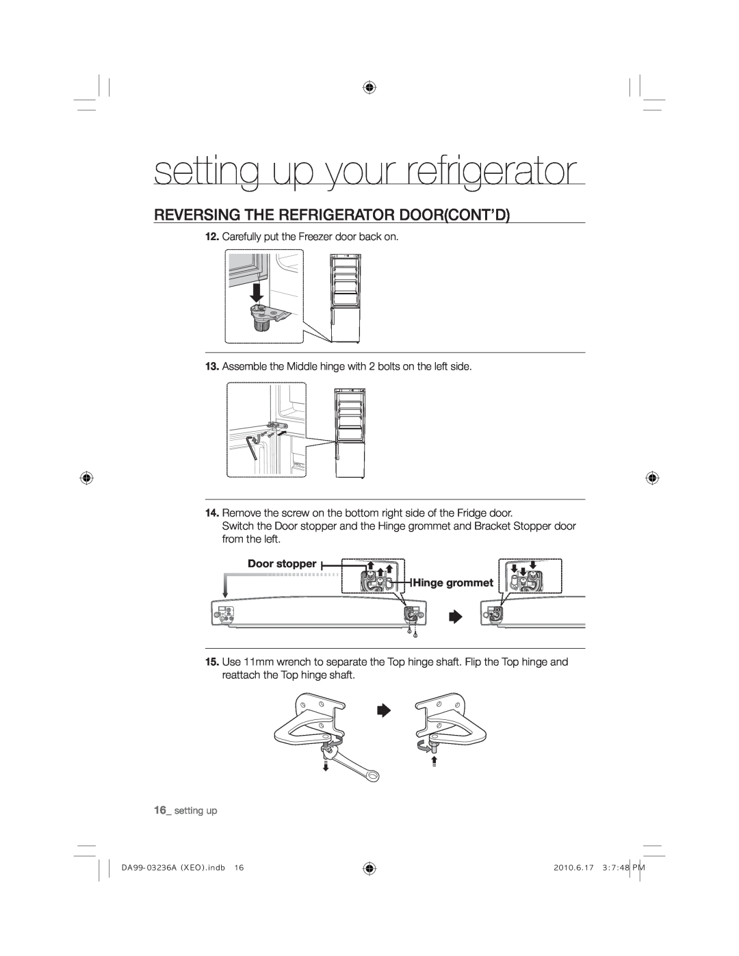 Samsung RL43TGCIH1/XEF RruVwrsshu +LqjhJurpphw, setting up your refrigerator, Reversing The Refrigerator Doorcont’D 