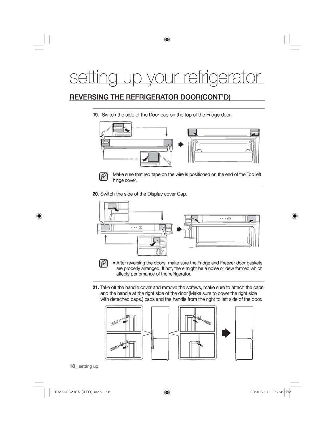 Samsung RL43TGCSW1/XEF, RL43TGCIH1/XEF, RL39TRCSW1/XEF setting up your refrigerator, Reversing The Refrigerator Doorcont’D 