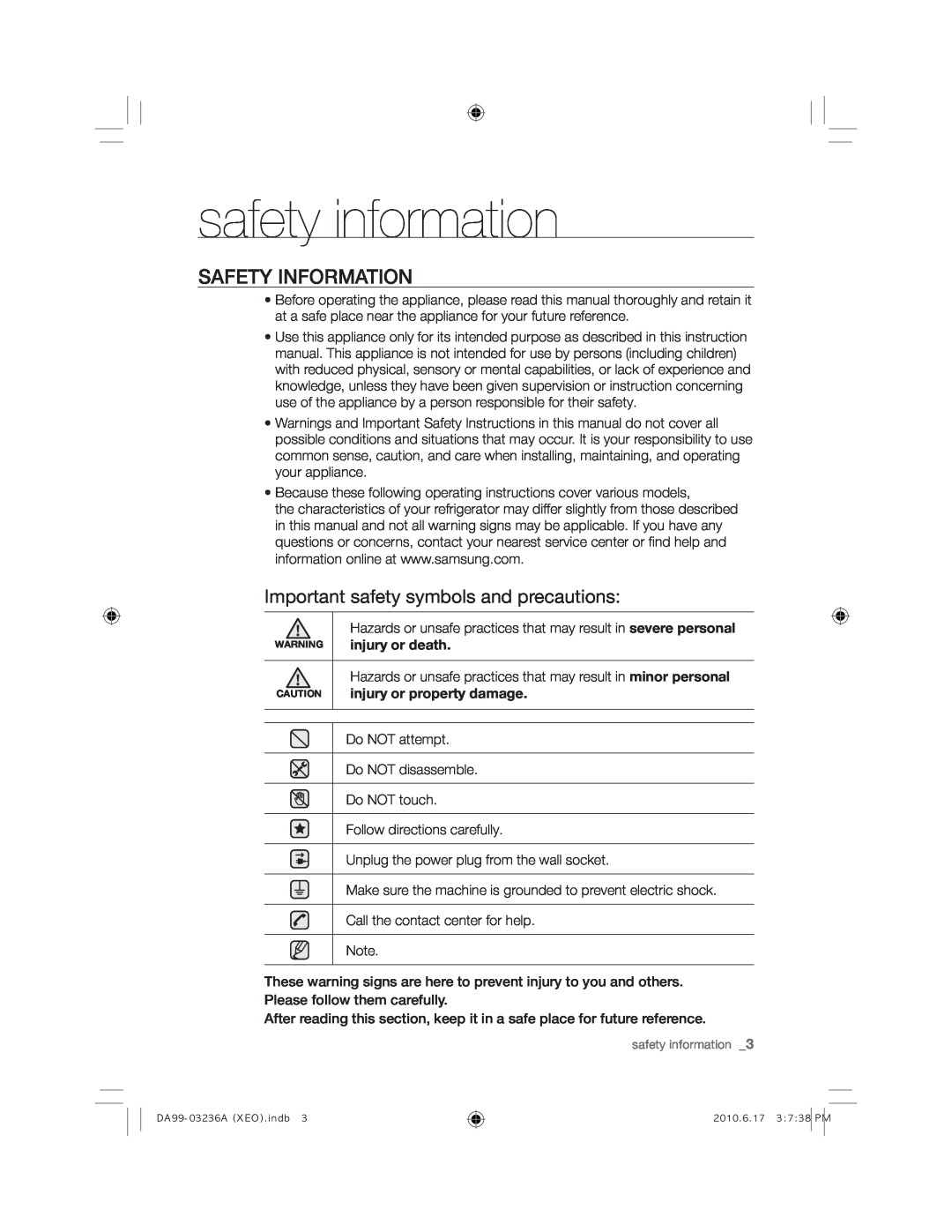 Samsung RL27TDFSW1/XEF safety information, Safety Information, Important safety symbols and precautions, Lqmxu\RuGhdwk 