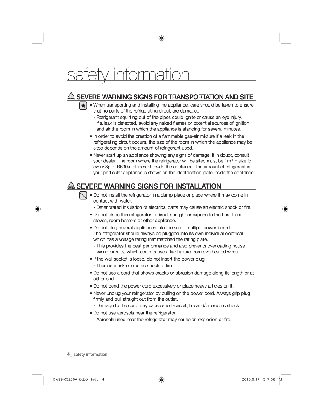 Samsung RL43TGCIH1/XEF, RL39TRCSW1/XEF manual Warning Severe Warning Signs For Transportation And Site, safety information 