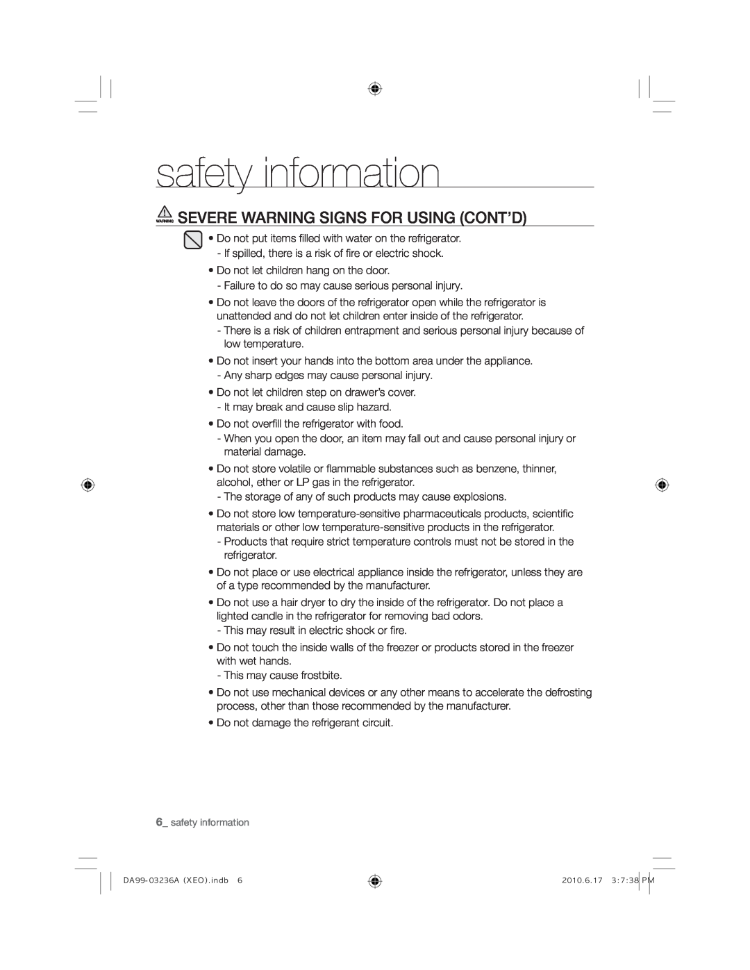 Samsung RL43TGCSW1/XEF, RL43TGCIH1/XEF, RL39TRCSW1/XEF Warning Severe Warning Signs For Using Cont’D, safety information 