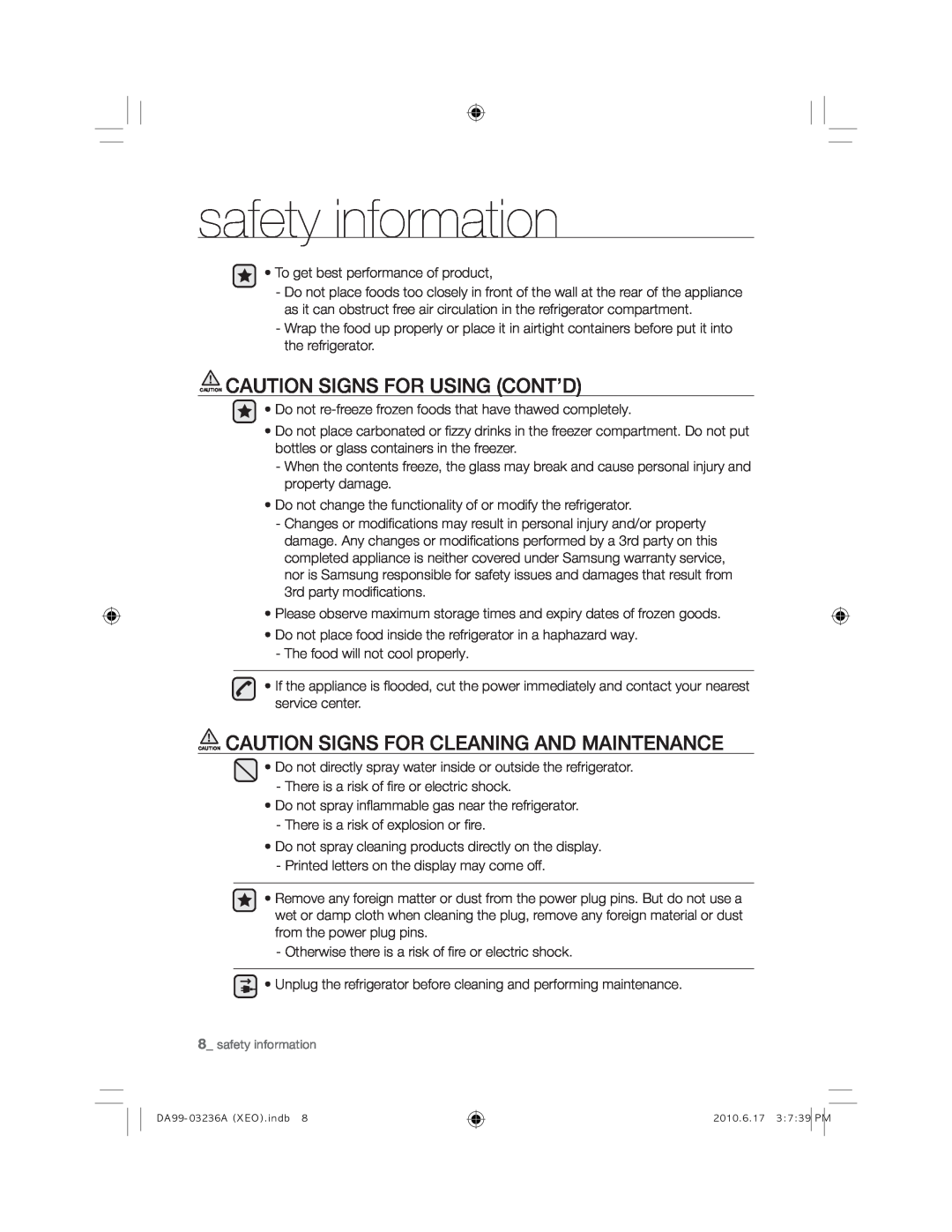 Samsung RL43TGCIH1/XEF manual Caution Caution Signs For Using Cont’D, Caution Caution Signs For Cleaning And Maintenance 