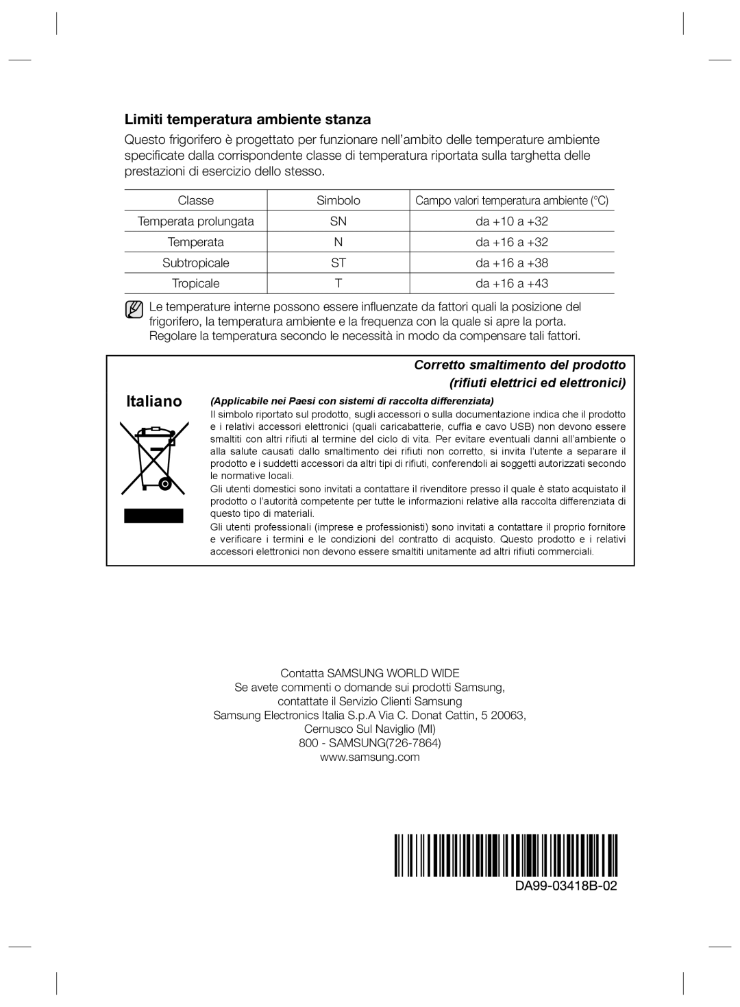 Samsung RL43TGCMG1/XEF manual Limiti temperatura ambiente stanza 