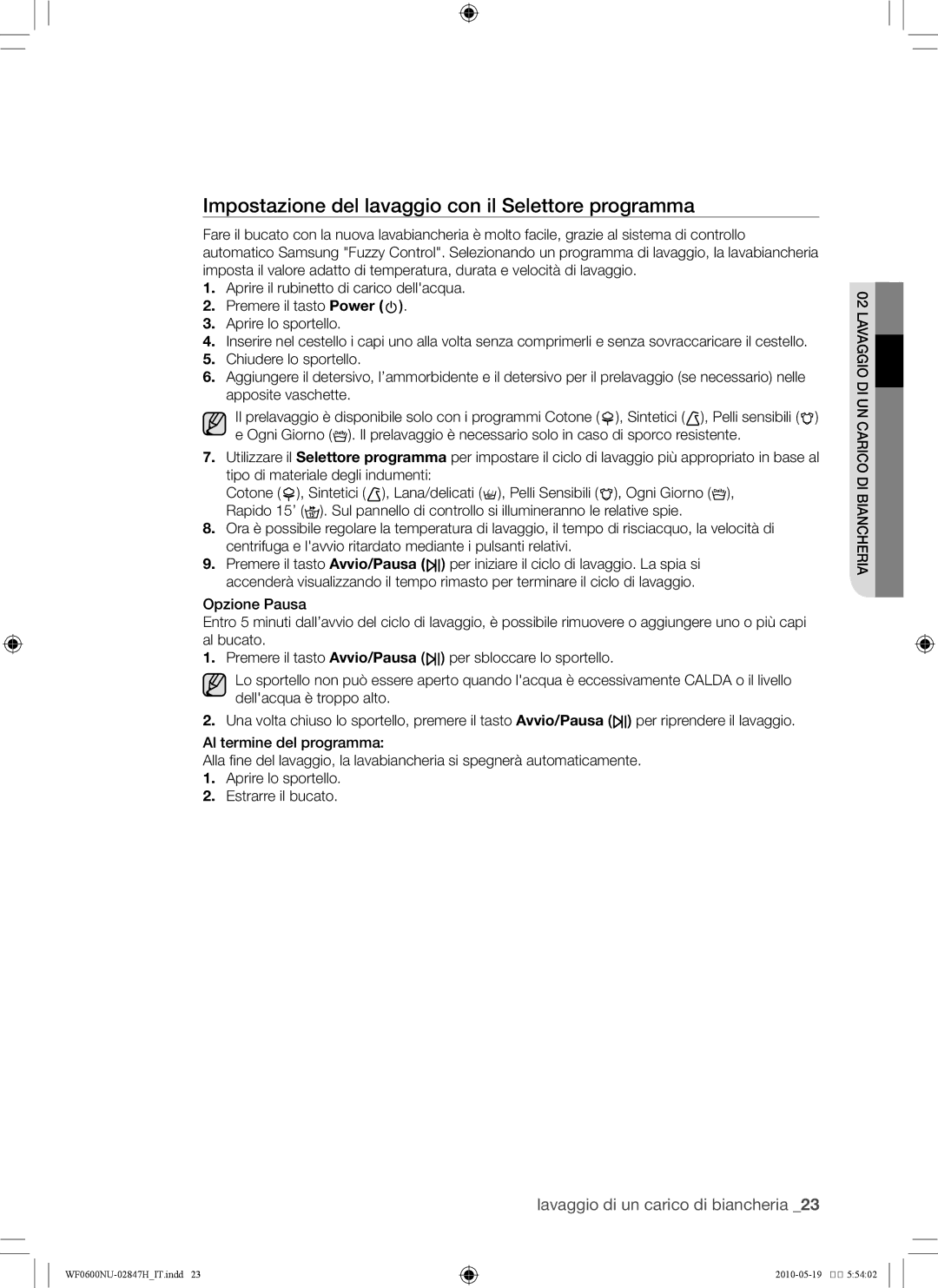 Samsung RL43THCTS1/EUR, RL43THCTS1/XES manual Impostazione del lavaggio con il Selettore programma 