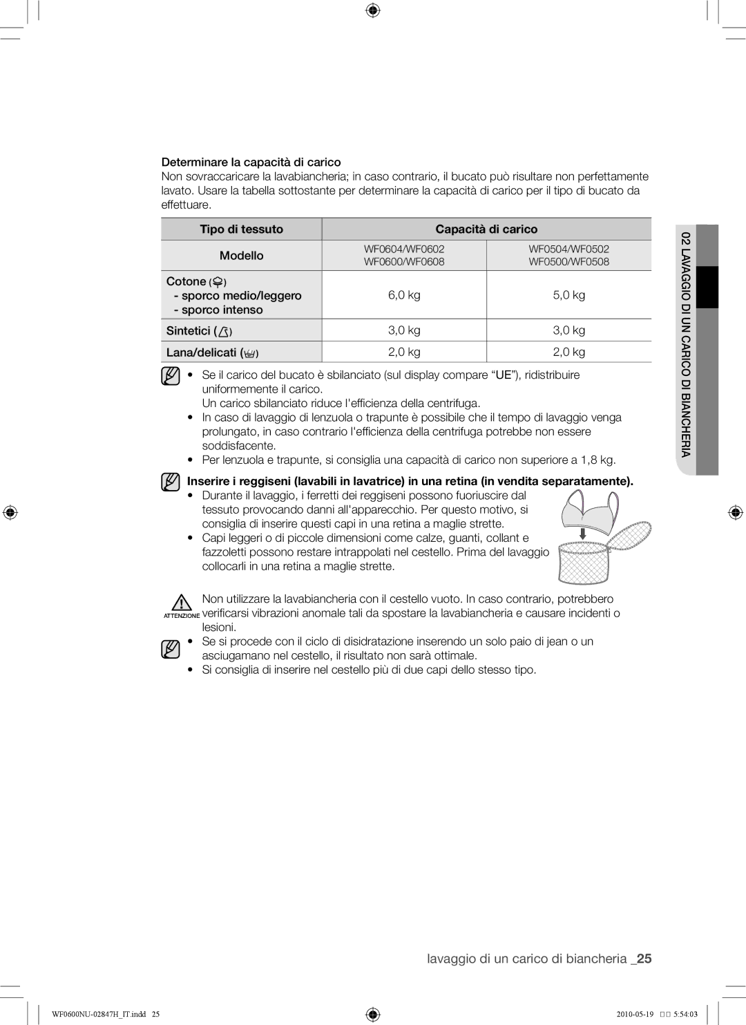 Samsung RL43THCTS1/EUR, RL43THCTS1/XES manual Tipo di tessuto Capacità di carico 