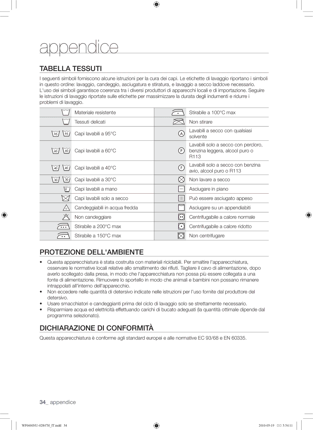 Samsung RL43THCTS1/XES, RL43THCTS1/EUR manual Tabella tessuti, Protezione dellambiente, Dichiarazione di conformità 