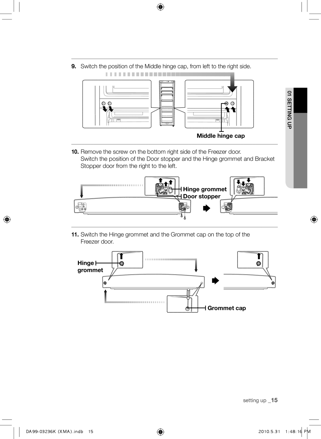 Samsung RL43THCTS1/XMA manual Middle hinge cap, Hinge grommet Door stopper, Hinge grommet Grommet cap 