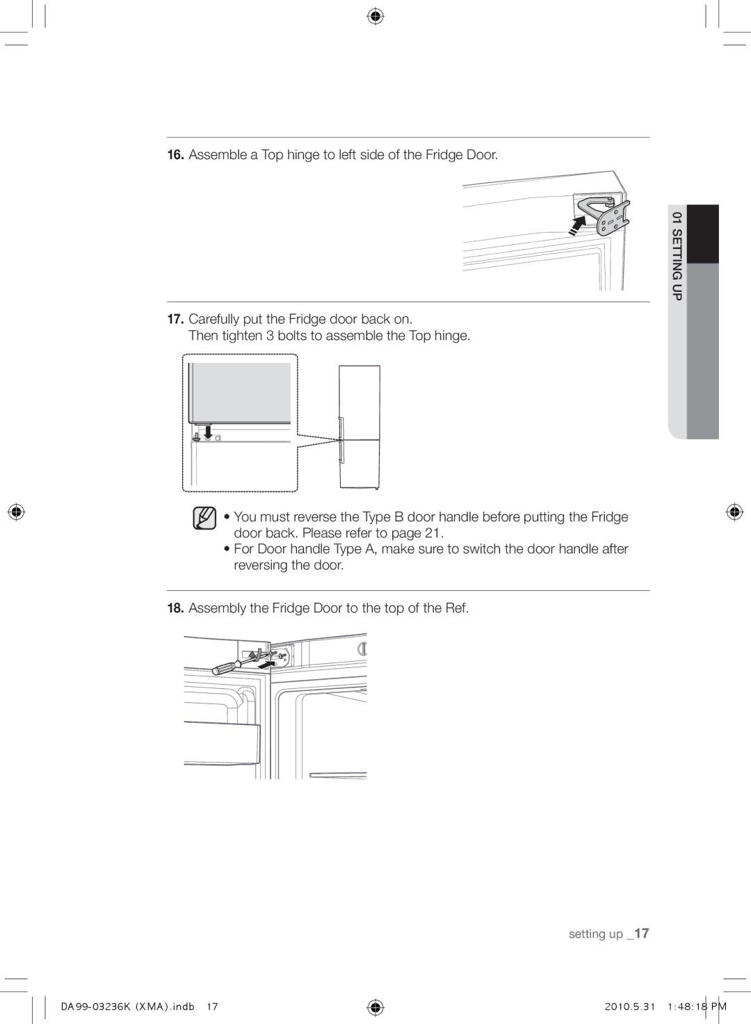 Samsung RL43THCTS1/XMA manual Assemble a Top hinge to left side of the Fridge Door 