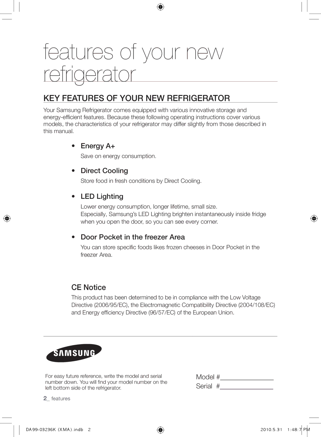 Samsung RL43THCTS1/XMA manual Features of your new refrigerator, KEY Features of Your NEW Refrigerator, CE Notice 