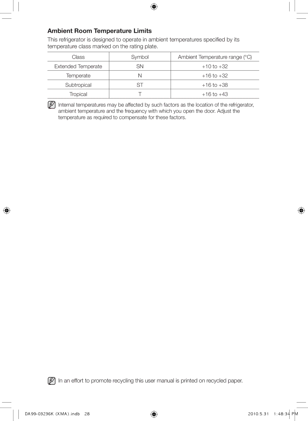 Samsung RL43THCTS1/XMA manual Ambient Room Temperature Limits 