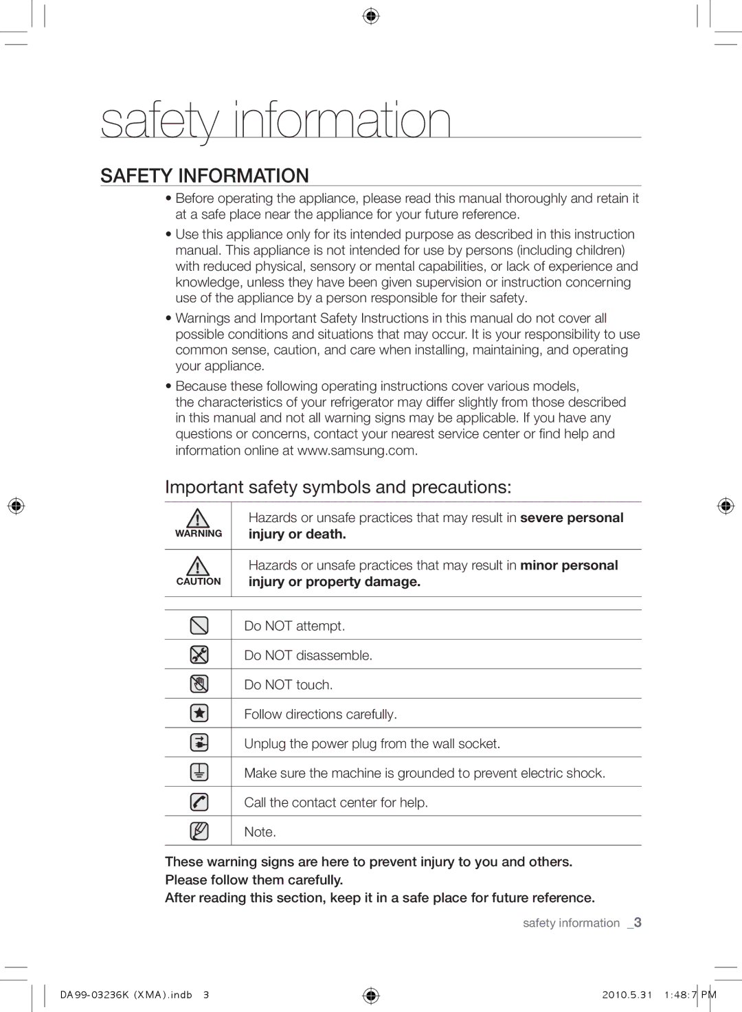 Samsung RL43THCTS1/XMA manual Safety information, Important safety symbols and precautions, Injury or death 