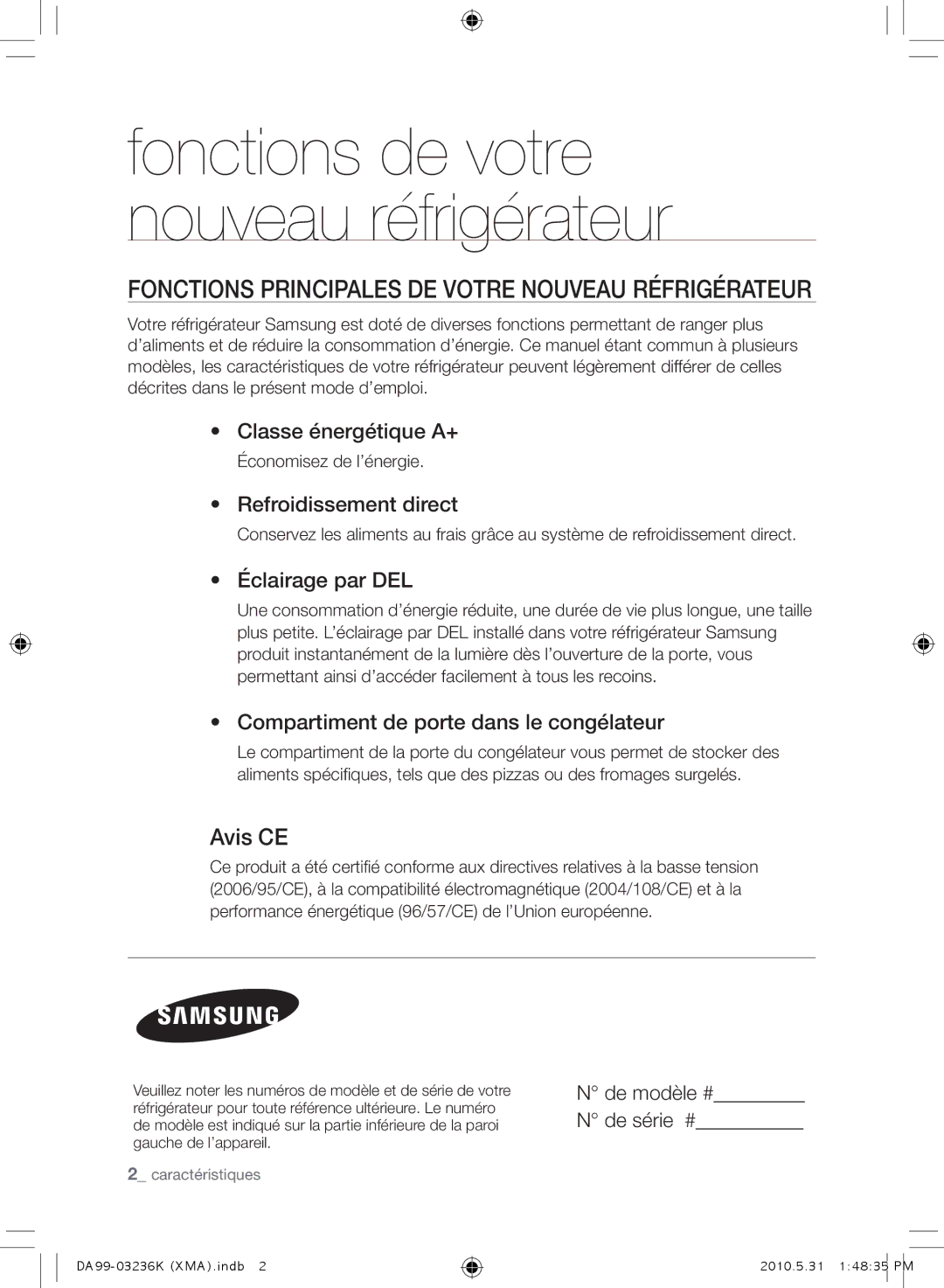 Samsung RL43THCTS1/XMA manual Fonctions Principales DE Votre Nouveau Réfrigérateur, Avis CE, Économisez de l’énergie 