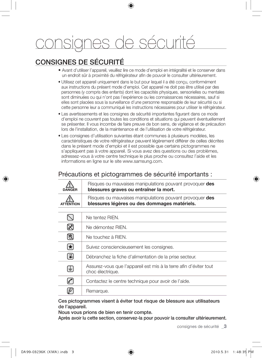 Samsung RL43THCTS1/XMA Consignes de sécurité, Consignes DE Sécurité, Précautions et pictogrammes de sécurité importants 