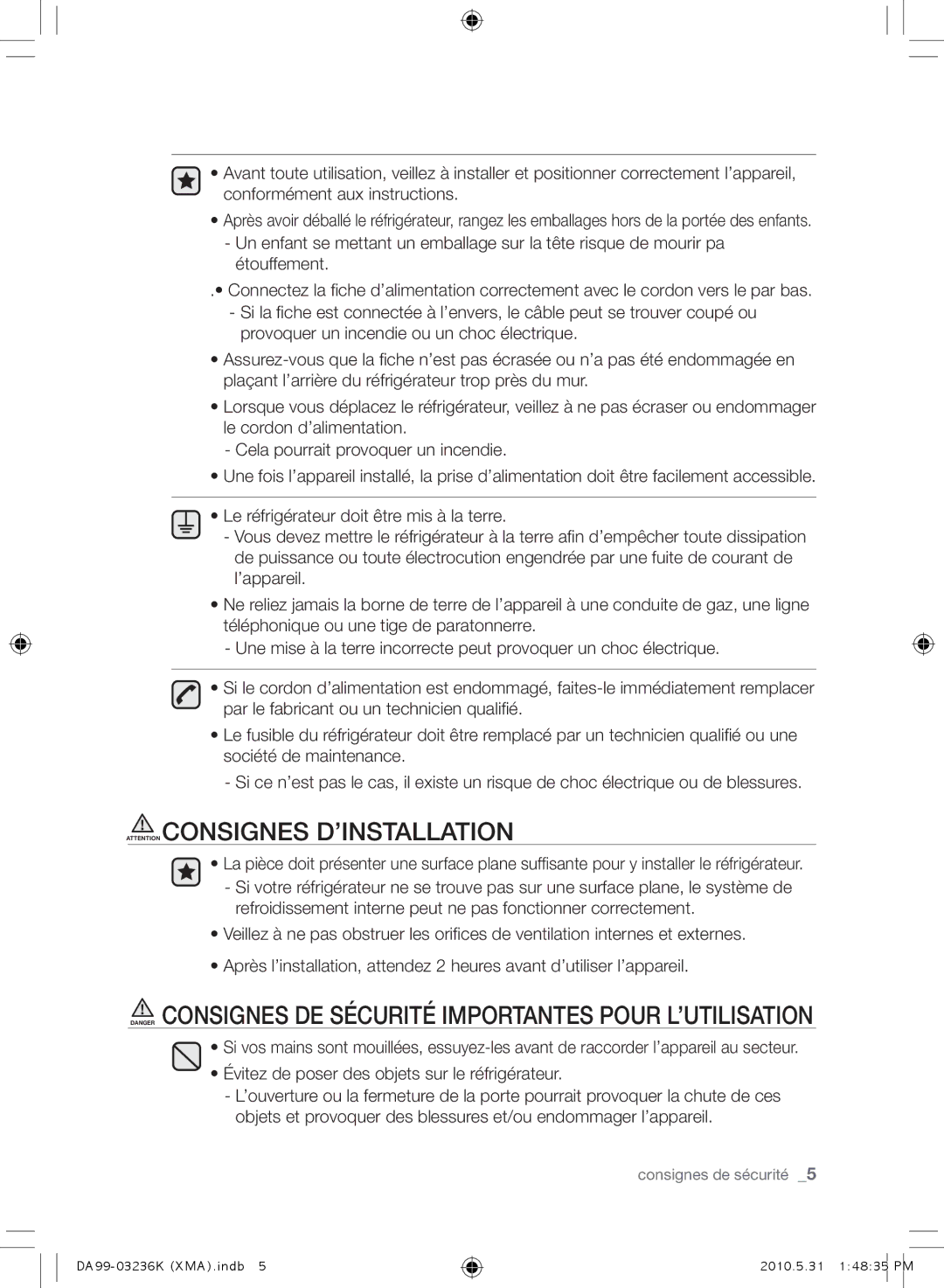 Samsung RL43THCTS1/XMA manual Consignes de sécurité 