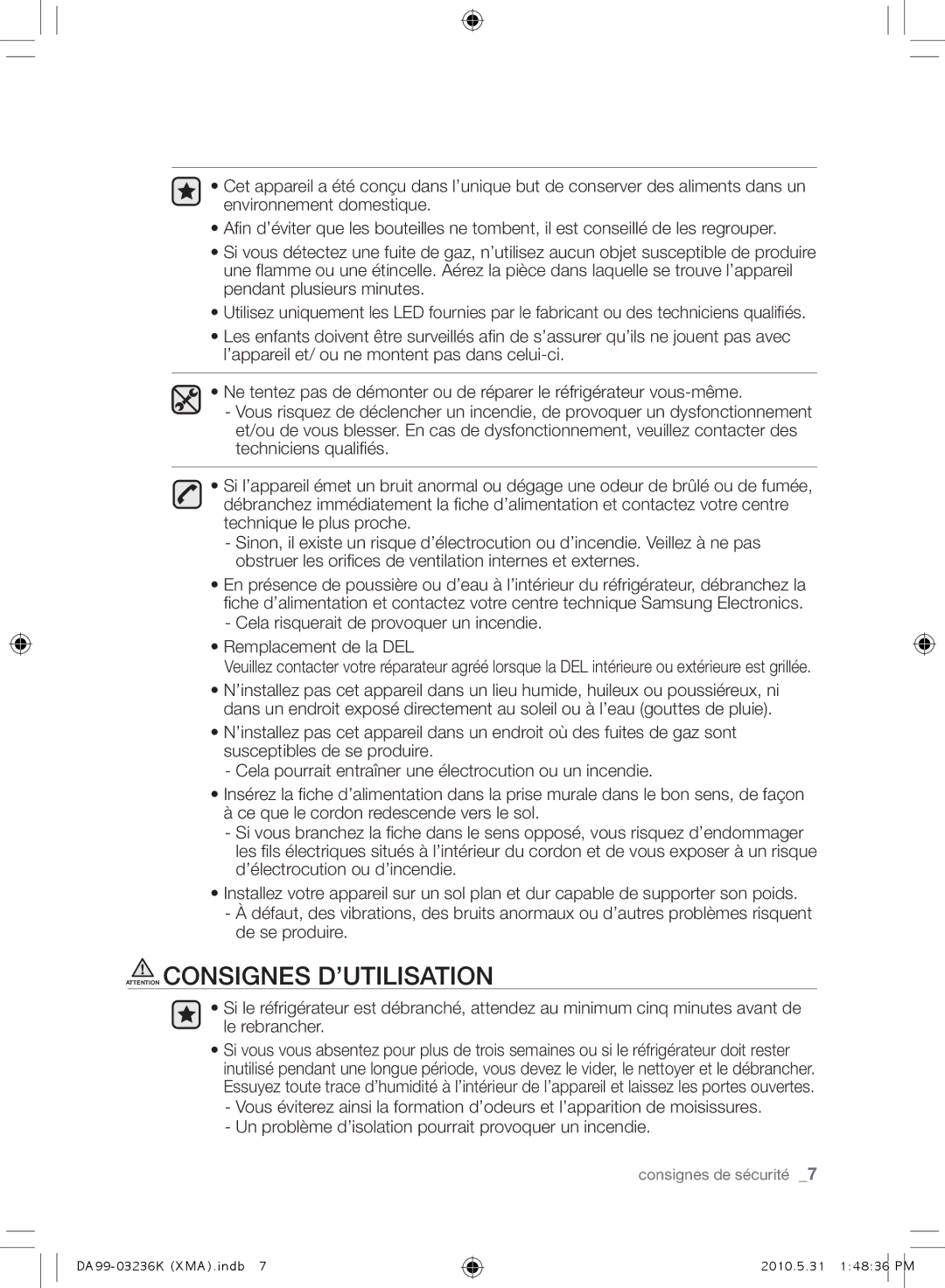 Samsung RL43THCTS1/XMA manual Consignes de sécurité 