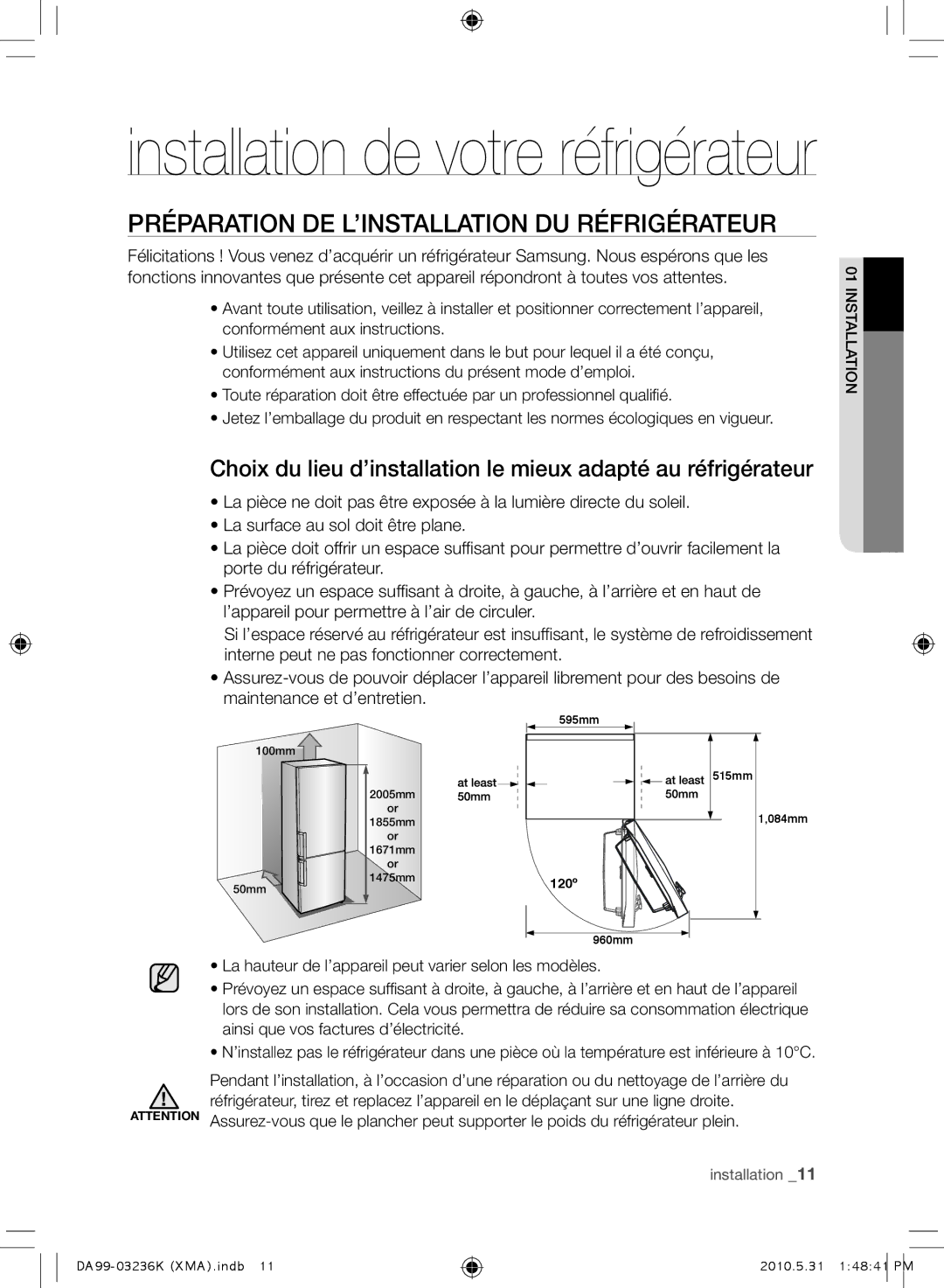 Samsung RL43THCTS1/XMA manual Installation de votre réfrigérateur, Préparation DE L’INSTALLATION DU Réfrigérateur 