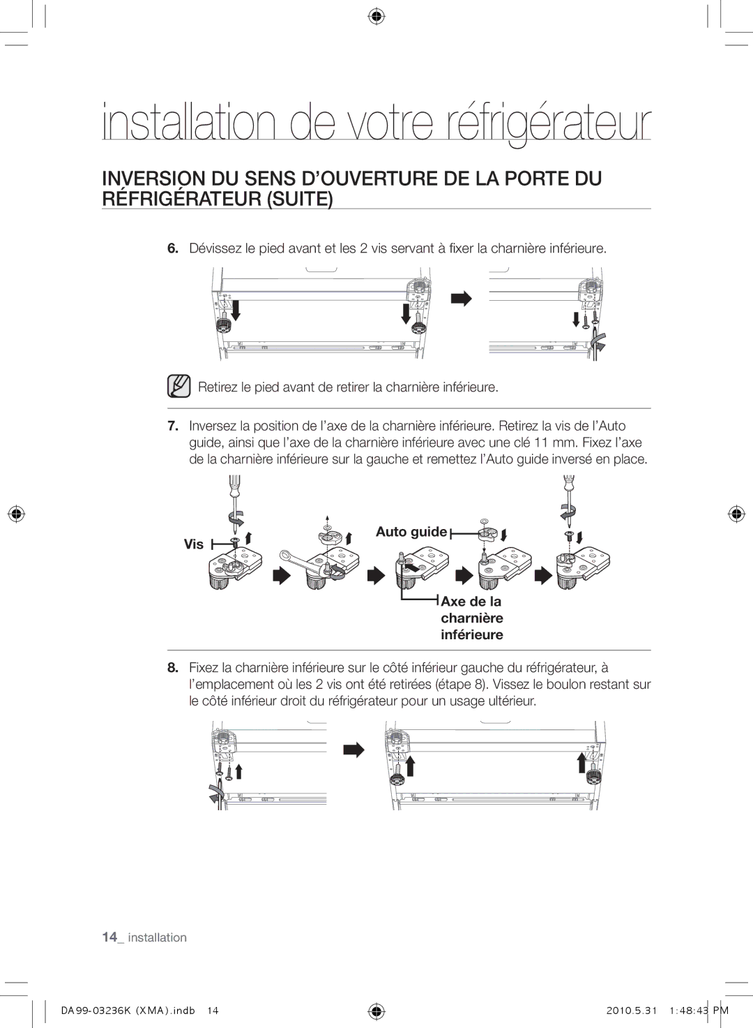 Samsung RL43THCTS1/XMA manual Auto guide Vis Axe de la charnière inférieure 