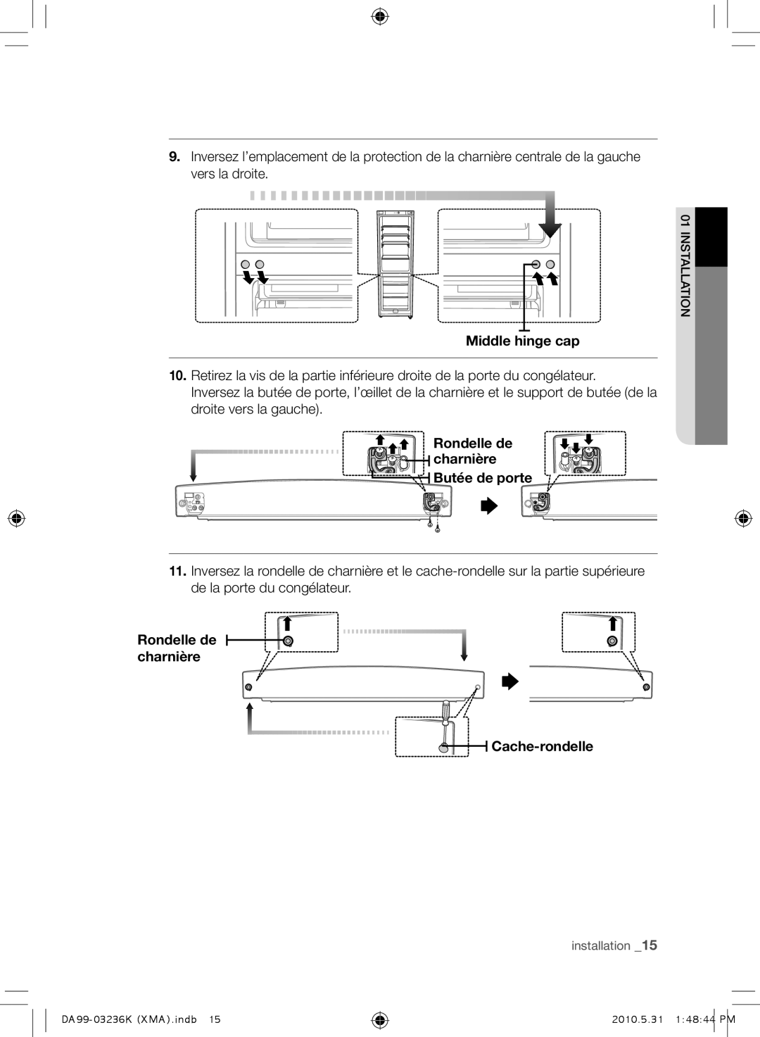 Samsung RL43THCTS1/XMA manual Rondelle de Charnière Butée de porte, Rondelle de charnière Cache-rondelle 