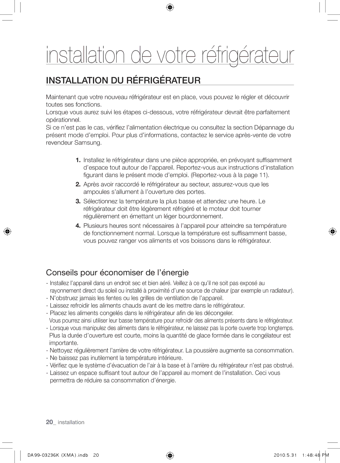 Samsung RL43THCTS1/XMA manual Installation DU Réfrigérateur, Conseils pour économiser de l’énergie 