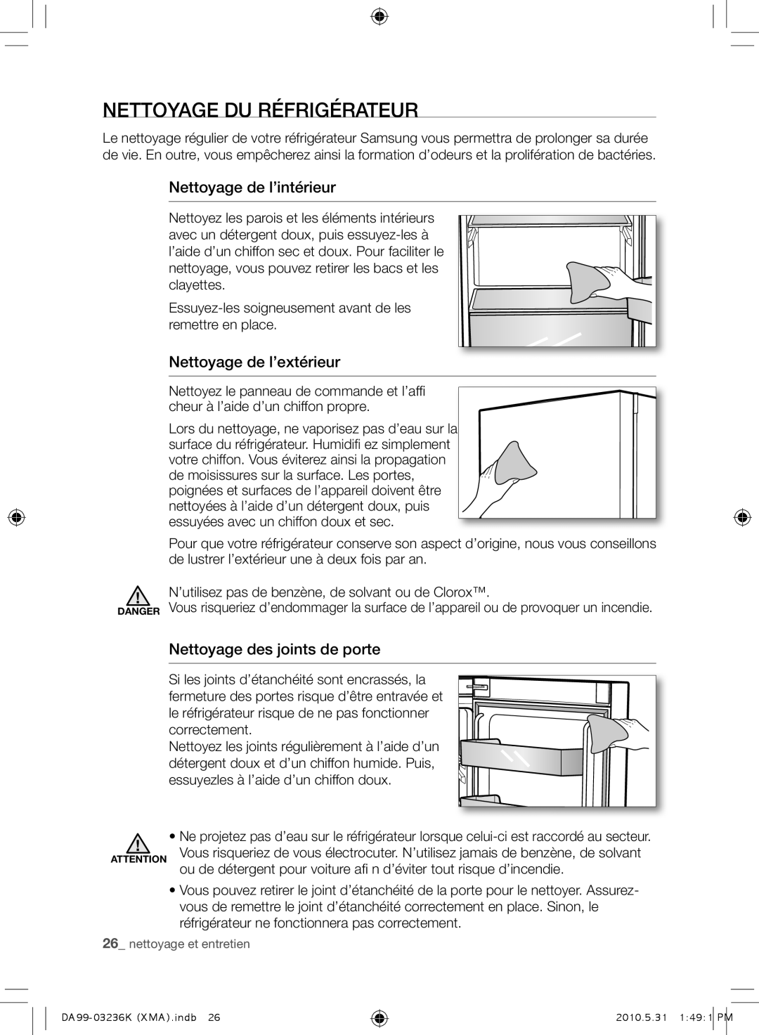 Samsung RL43THCTS1/XMA manual Nettoyage DU Réfrigérateur, Nettoyage de l’intérieur, Nettoyage de l’extérieur 