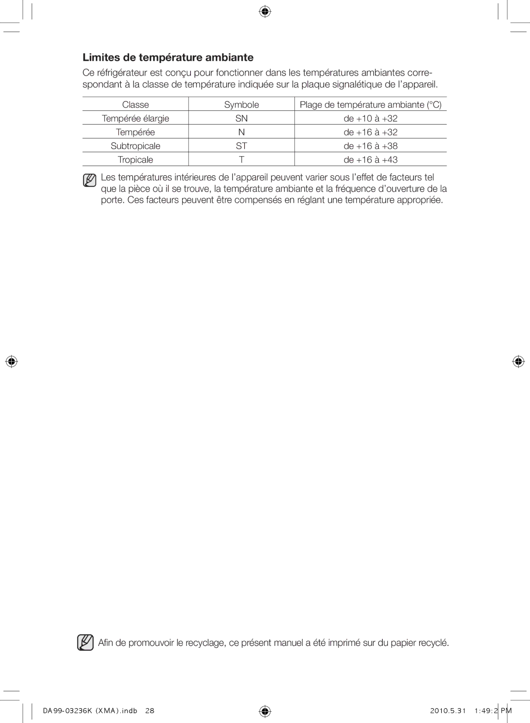 Samsung RL43THCTS1/XMA manual Limites de température ambiante 