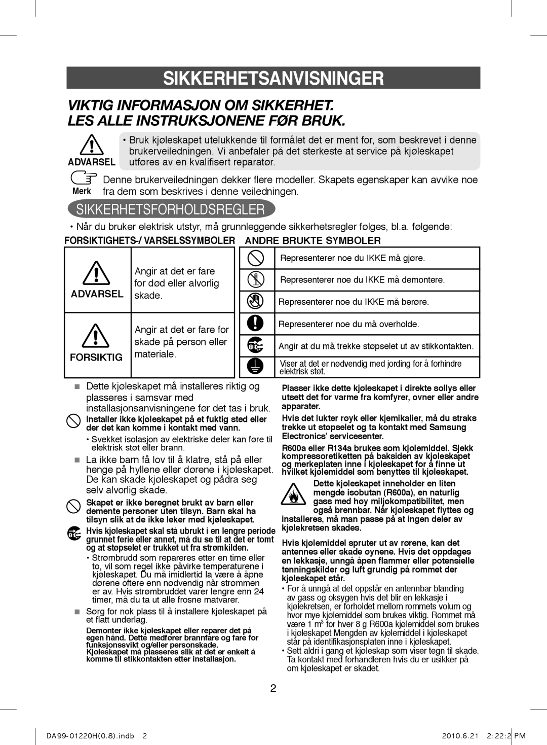 Samsung RL41ECUS1/XEE manual Sikkerhetsanvisninger, Angir at det er fare for død eller alvorlig, Forsiktig materiale 