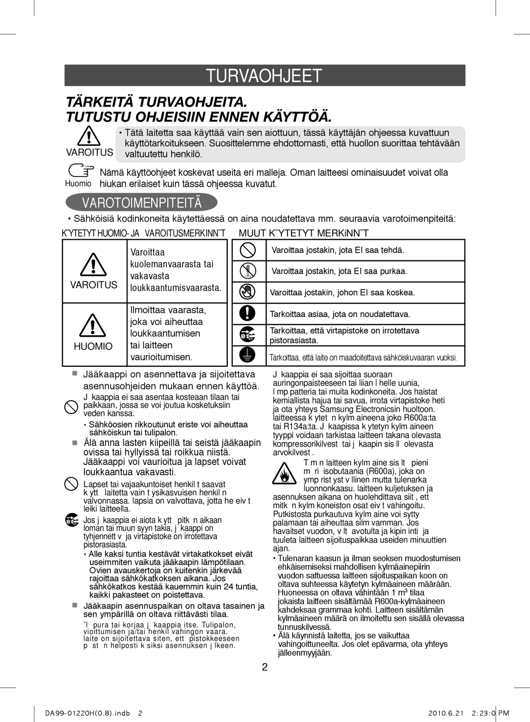 Samsung RL41ECSW1/XEE, RL44ECPS1/XEE, RL38HCBP1/XEE, RL41ECUS1/XEE Turvaohjeet, VaROiTUS, HUOMiO, Muut Käytetyt MERKiNNÄT 