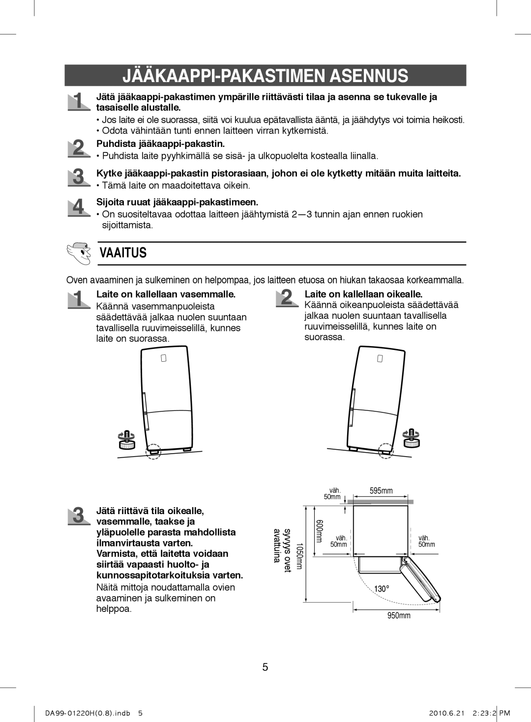 Samsung RL44ECPS1/XEE JÄÄKaaPPi-PaKaSTiMEN aSENNUS, VaaiTUS, Puhdista jääkaappi-pakastin, Laite on kallellaan vasemmalle 