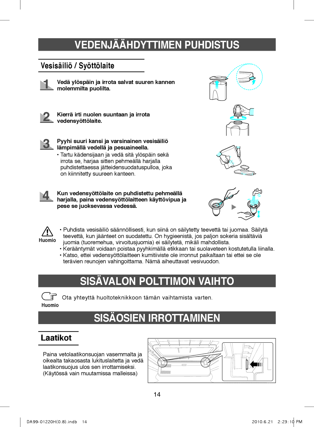 Samsung RL38ECSW1/XEE manual SiSÄValON POlTTiMON VaiHTO, Sisäosien Irrottaminen, Vesisäiliö / Syöttölaite, Laatikot 