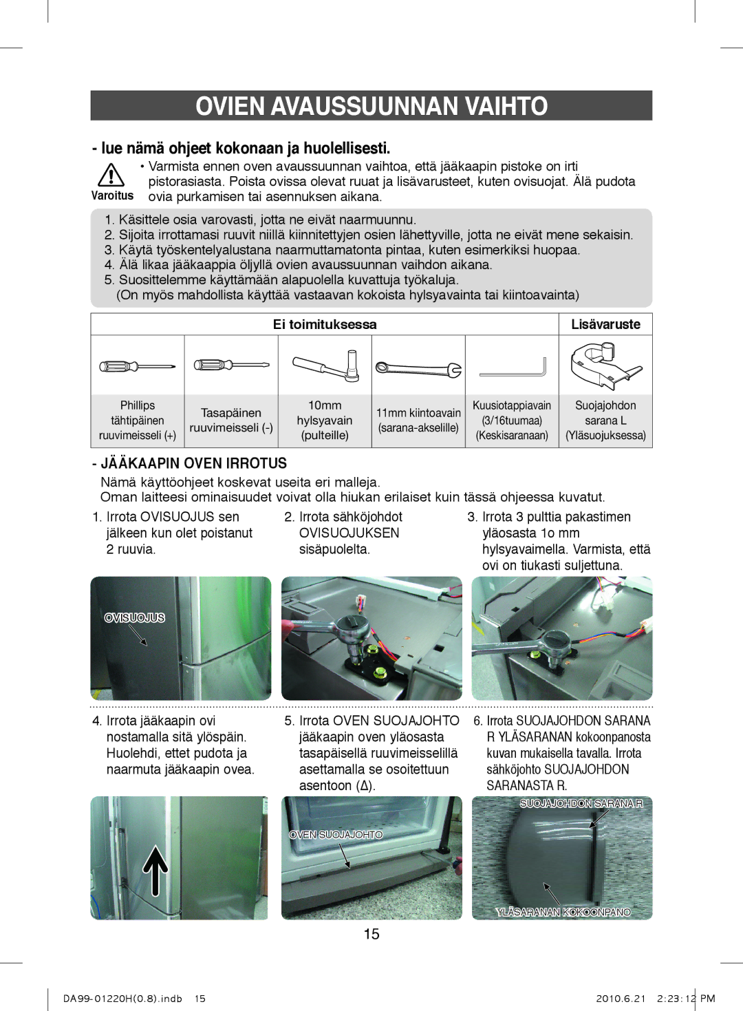 Samsung RL41ECSW1/XEE, RL44ECPS1/XEE manual OViEN aVaUSSUUNNaN VaiHTO, Jääkaapin Oven Irrotus, Ei toimituksessa, Saranasta R 