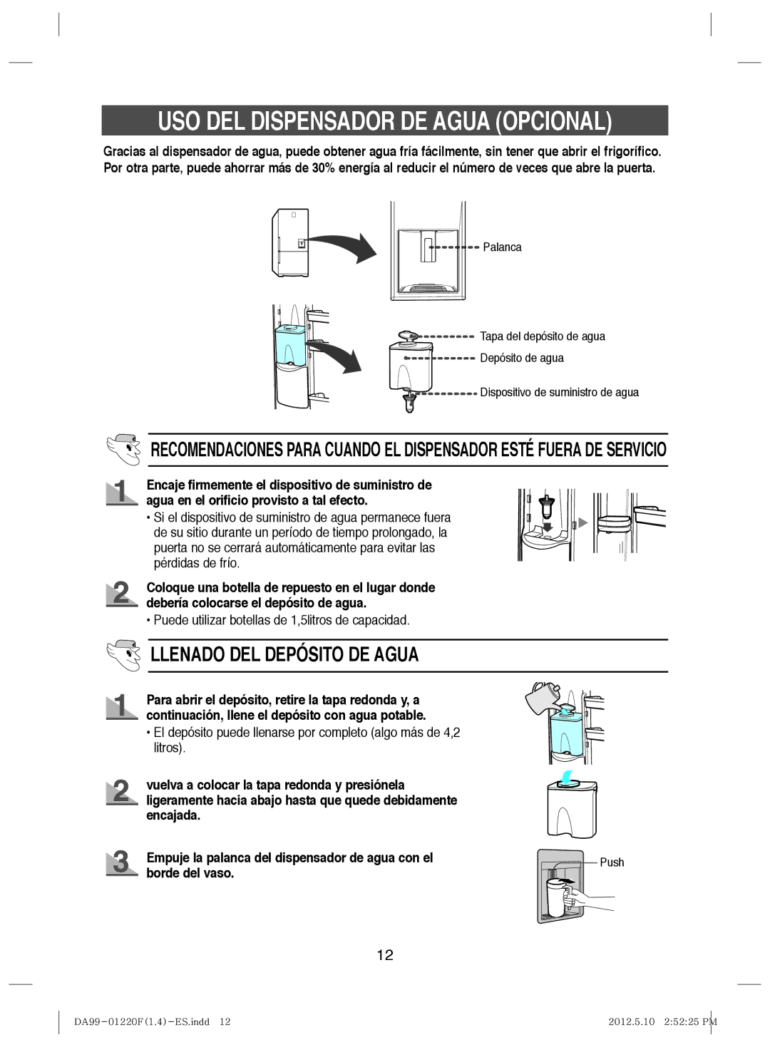 Samsung RL41SBPS1/XES, RL44QCIS1/XES, RL41SBSW1/XES, RL41SBIH1/XES manual USO DEL Dispensador DE Agua Opcional, Borde del vaso 