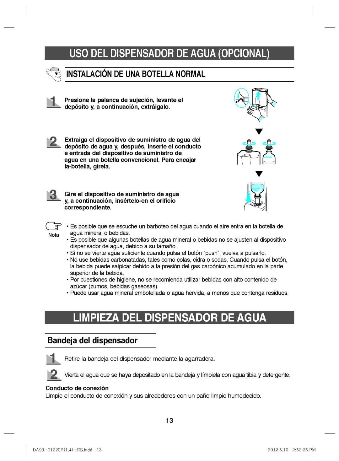 Samsung RL44FCIS1/XES, RL44QCIS1/XES manual Limpieza DEL Dispensador DE Agua, Agua mineral o bebidas, Conducto de conexión 