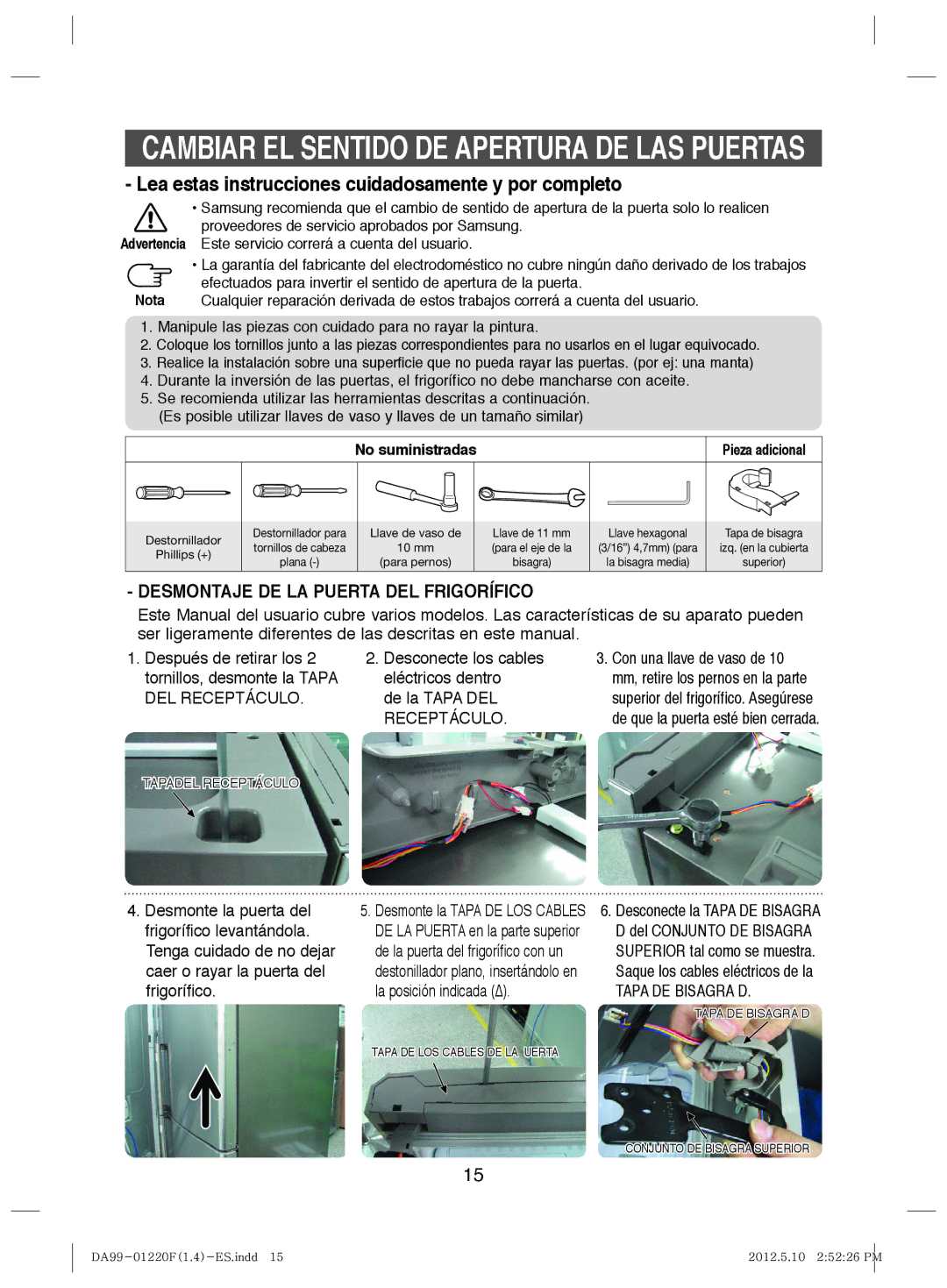 Samsung RL44ECPS1/XES, RL44QCIS1/XES, RL41SBSW1/XES, RL41SBIH1/XES manual Cambiar EL Sentido DE Apertura DE LAS Puertas 