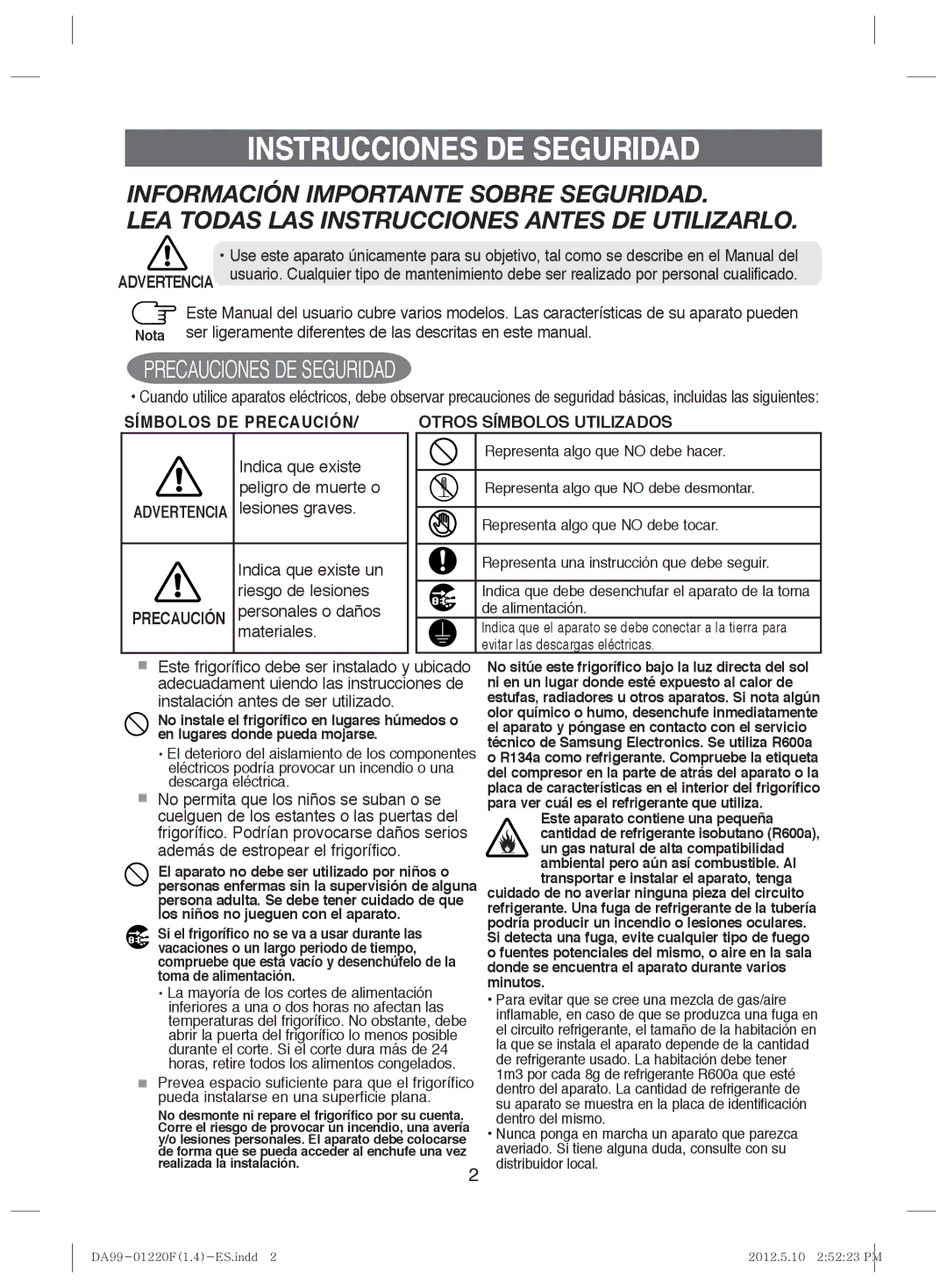 Samsung RL41SBIH1/XES, RL44QCIS1/XES, RL41SBSW1/XES, RL41ECPS1/XES Instrucciones DE Seguridad, Precauciones DE Seguridad 