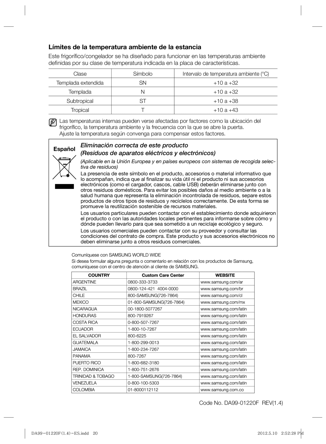 Samsung RL41HCTB1/XES, RL44QCIS1/XES, RL41SBSW1/XES, RL41SBIH1/XES manual Límites de la temperatura ambiente de la estancia 