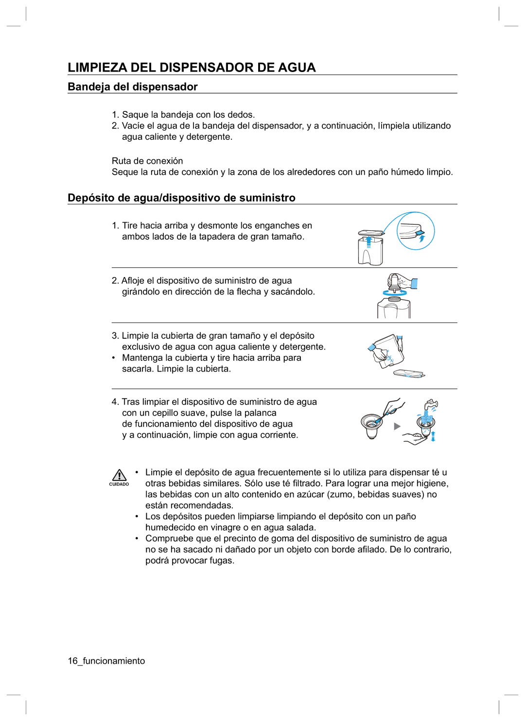 Samsung RL45HGIH1/XES, RL47HCVG1/XES, RL45LDSW1/XES, RL45LDIH1/XES Limpieza DEL Dispensador DE Agua, Bandeja del dispensador 