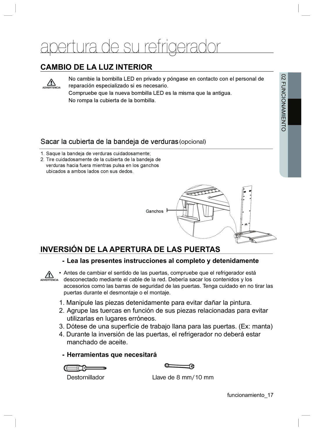 Samsung RL47HCVG1/XES Cambio DE LA LUZ Interior, Inversión DE LA Apertura DE LAS Puertas, Herramientas que necesitará 