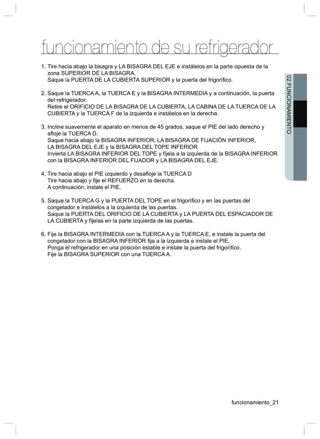 Samsung RL35LCSW1/XES, RL45HGIH1/XES, RL47HCVG1/XES, RL45LDSW1/XES, RL45LDIH1/XES, RL45HGSW1/XES manual Funcionamiento21 