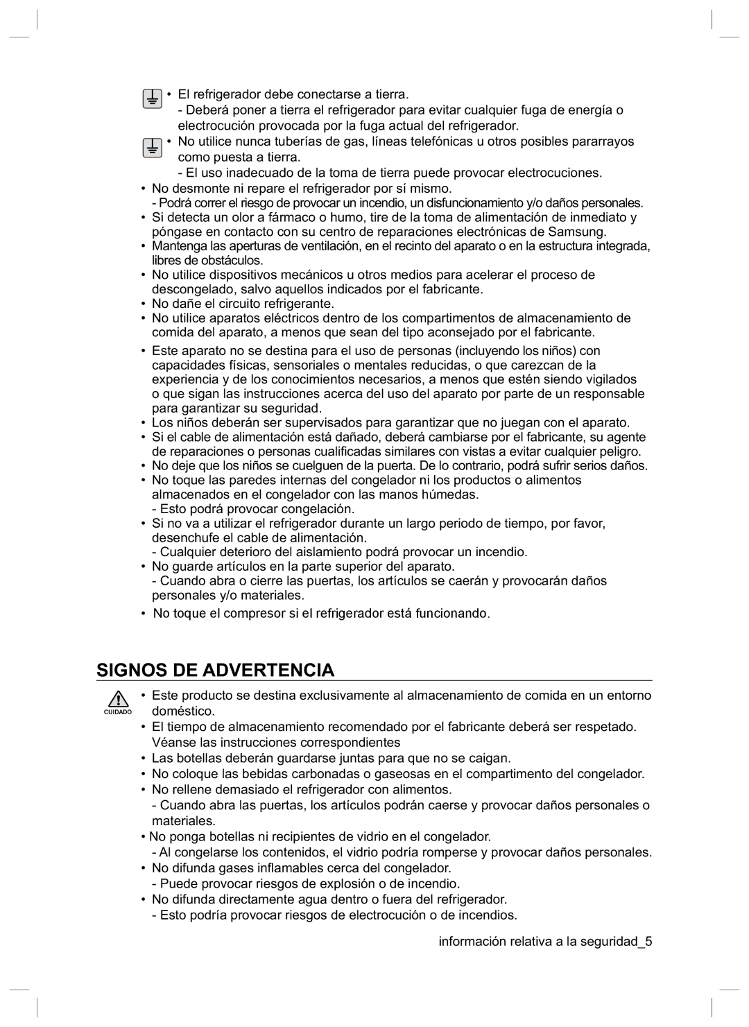 Samsung RL35LCSW1/XES, RL45HGIH1/XES, RL47HCVG1/XES, RL45LDSW1/XES, RL45LDIH1/XES, RL45HGSW1/XES manual Signos DE Advertencia 