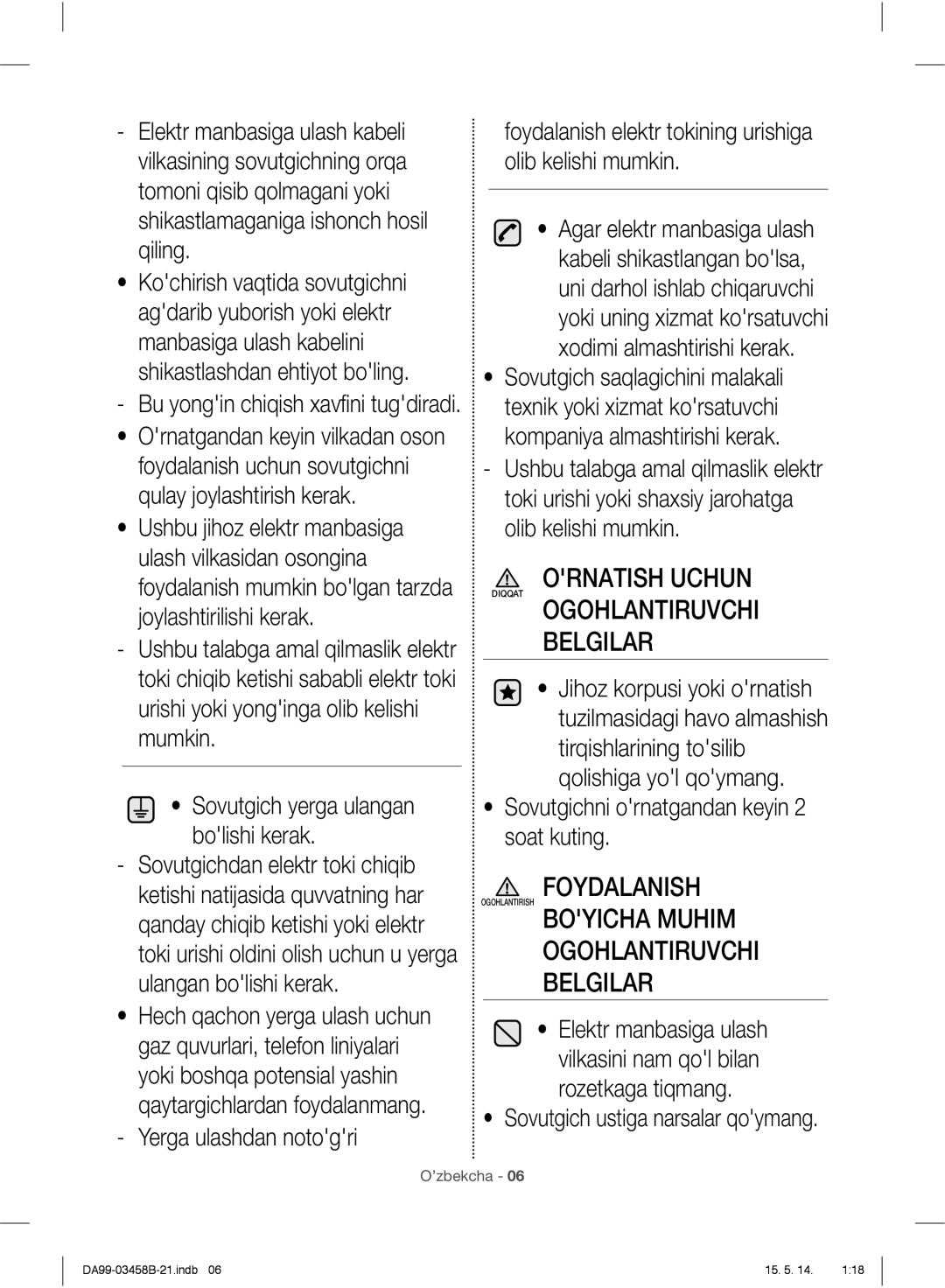 Samsung RL50RECSW1/BWT, RL50RECMG1/BWT manual Ornatish Uchun, Foydalanish, Boyicha Muhim Ogohlantiruvchi Belgilar 