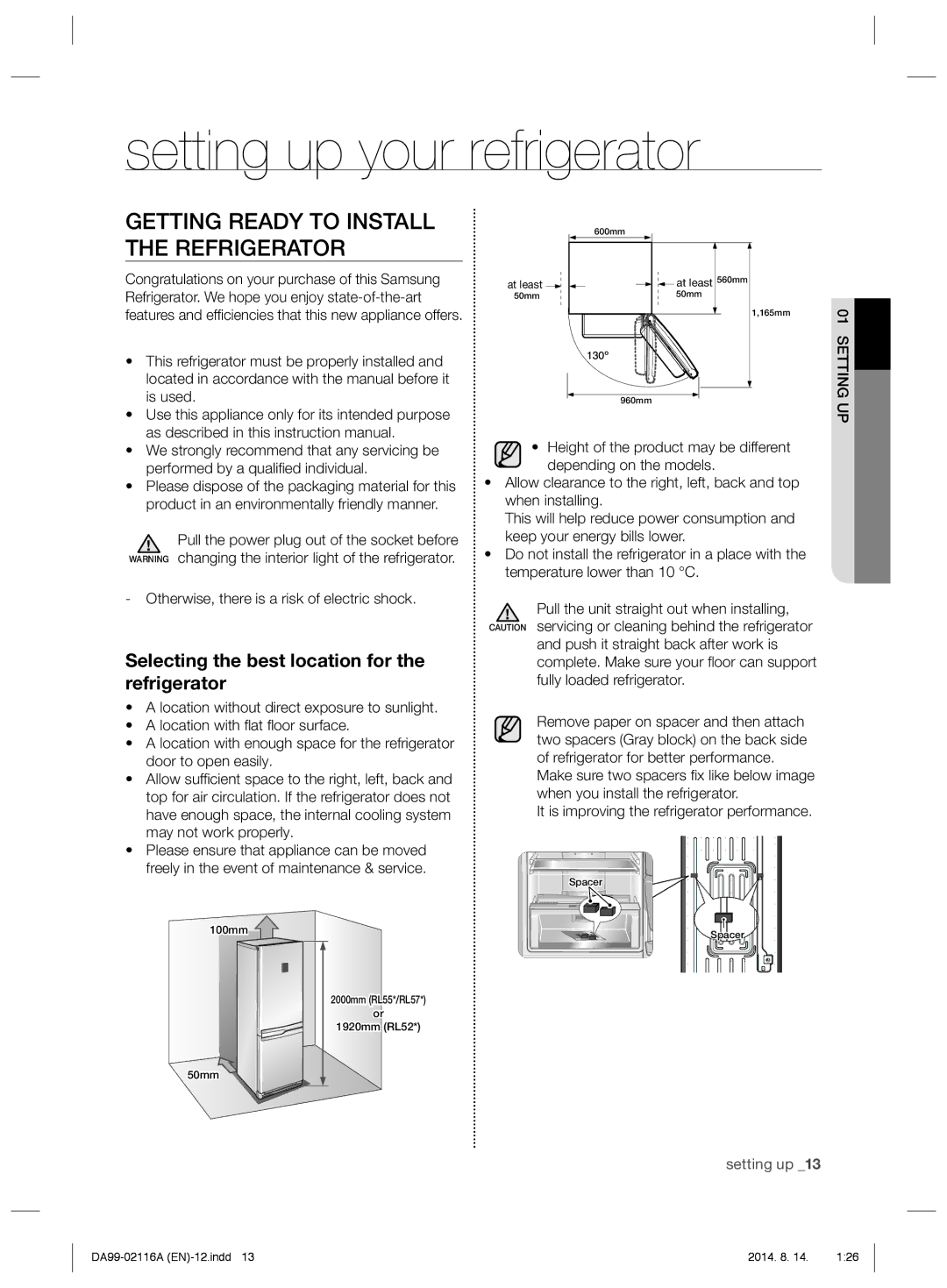 Samsung RL55VTEBG1/EUR, RL52VPBTS1/XEU manual Setting up your refrigerator, Getting Ready to Install the Refrigerator 