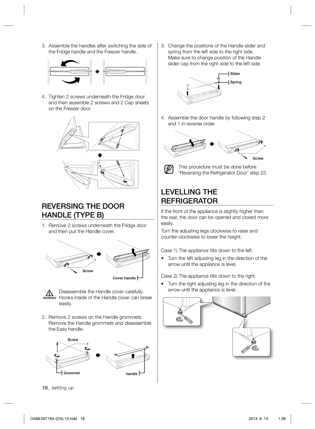 Samsung RL52VPBTS1/XEU, RL55VTEBG1/EUR, RL55VQBRS1/XEO manual Reversing the Door Handle Type B, Levelling Refrigerator 