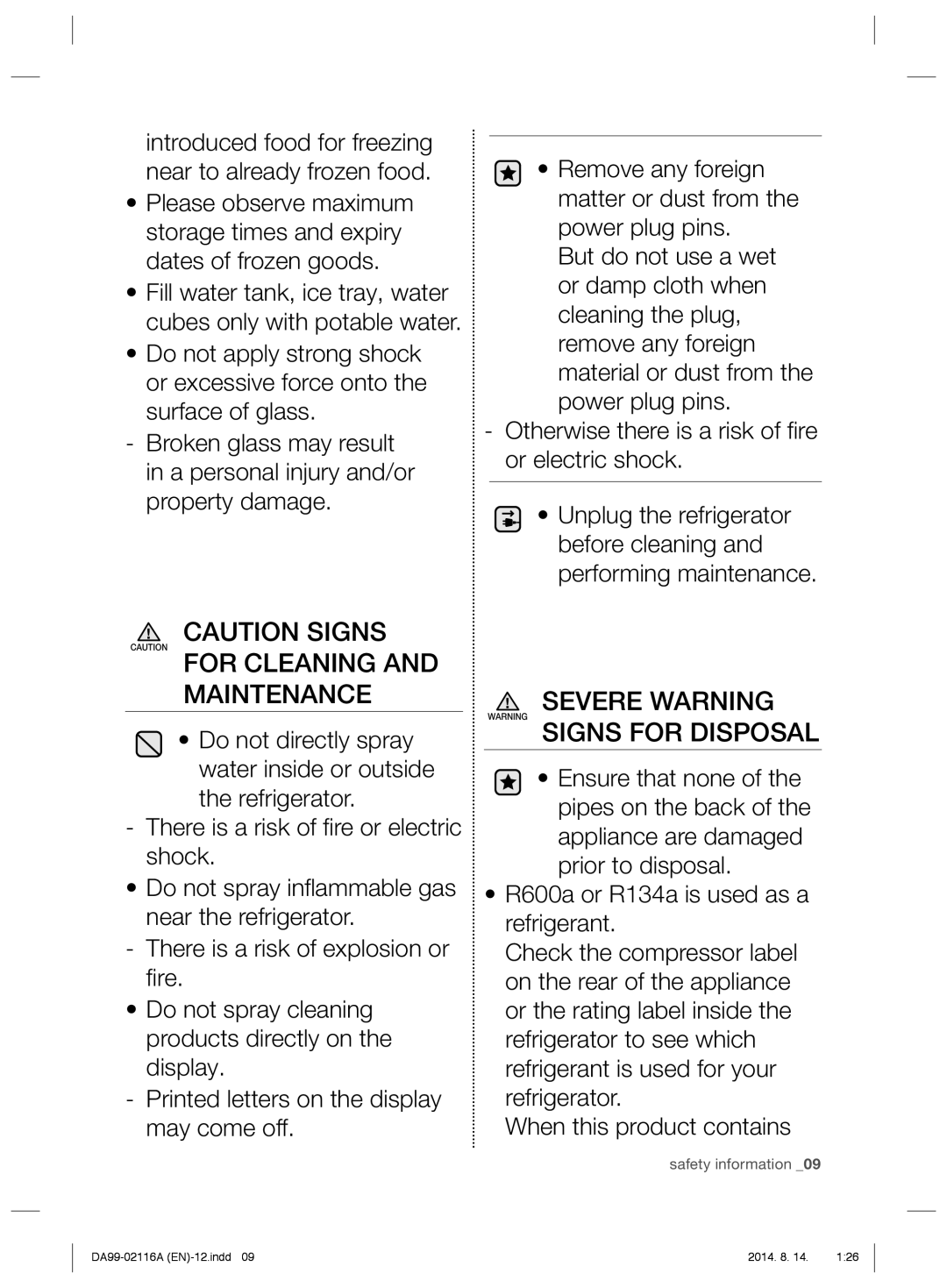 Samsung RL55VTEBG1/XEO, RL52VPBTS1/XEU, RL55VTEBG1/EUR manual For Cleaning and Maintenance, Severe Warning Signs for Disposal 