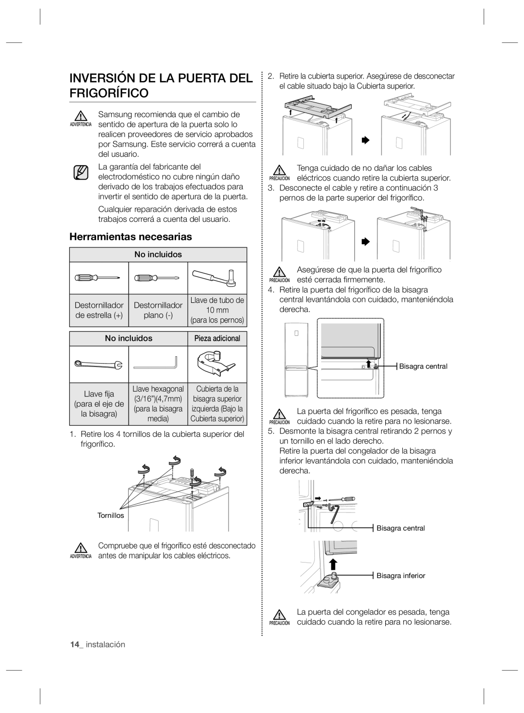 Samsung RL55VEBIH1/XEE, RL55VJBIH1/XEF, RL55VJBIH1/XES manual Inversión DE LA Puerta DEL Frigorífico, Herramientas necesarias 