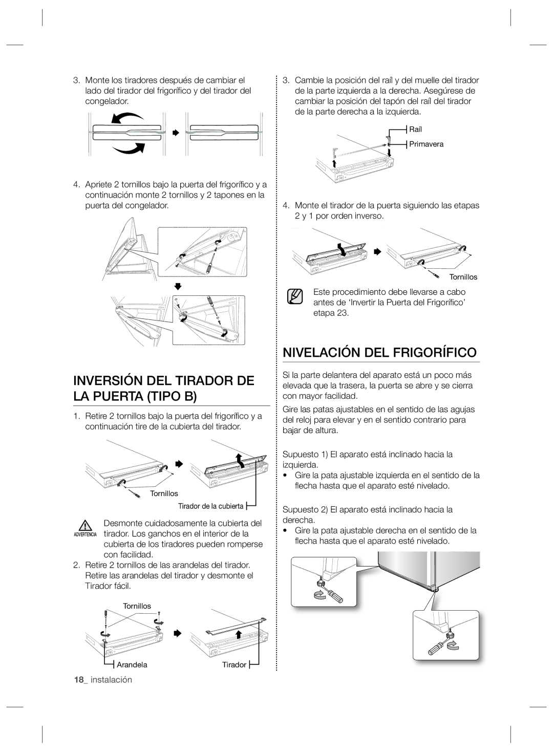 Samsung RL55VGBSW1/XES, RL55VJBIH1/XEF manual Inversión DEL Tirador DE LA Puerta Tipo B, Nivelación DEL Frigorífico 