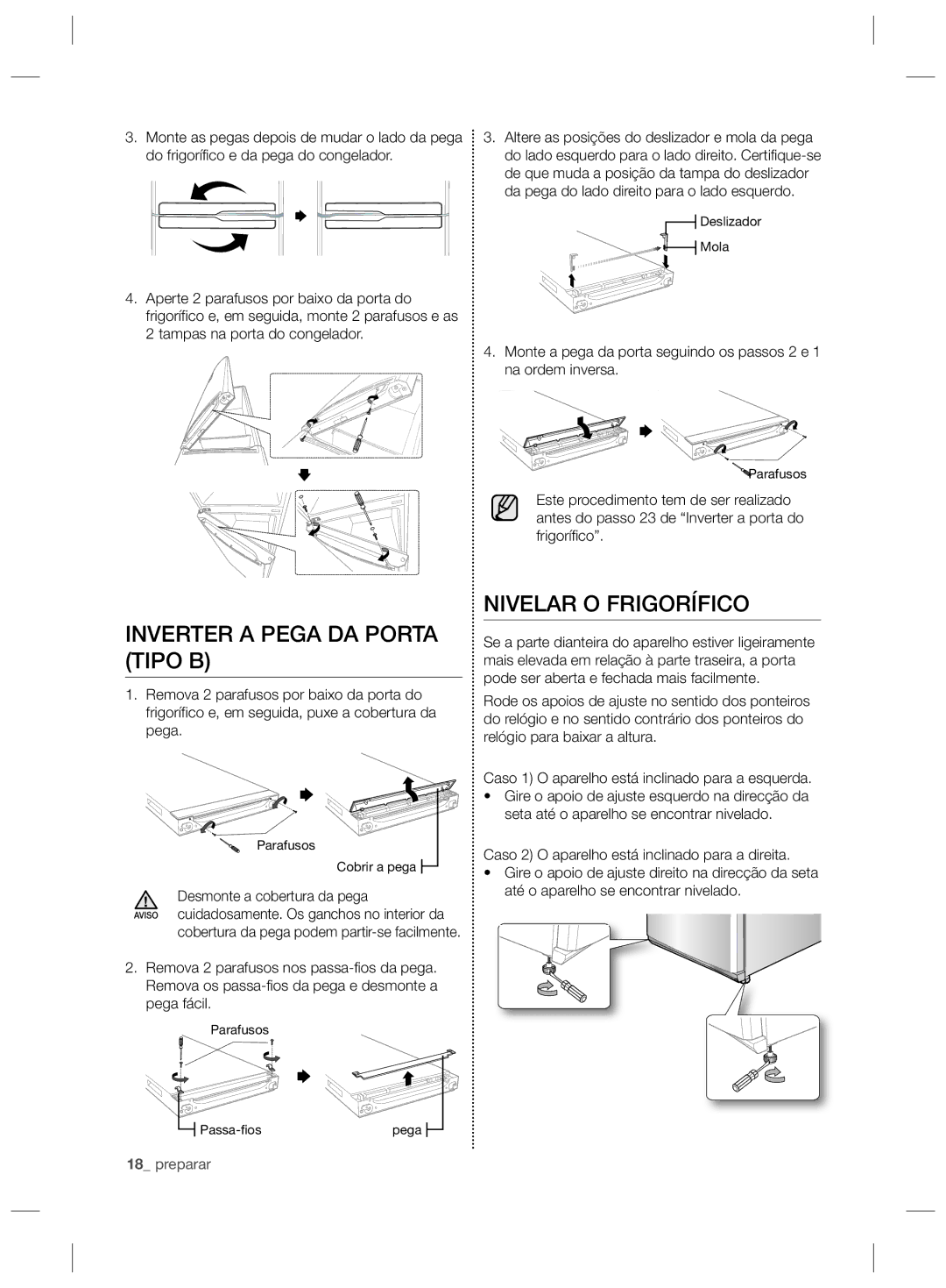 Samsung RL55VTEBG1/XES manual Inverter a Pega DA Porta Tipo B, Nivelar O Frigorífico, Desmonte a cobertura da pega 