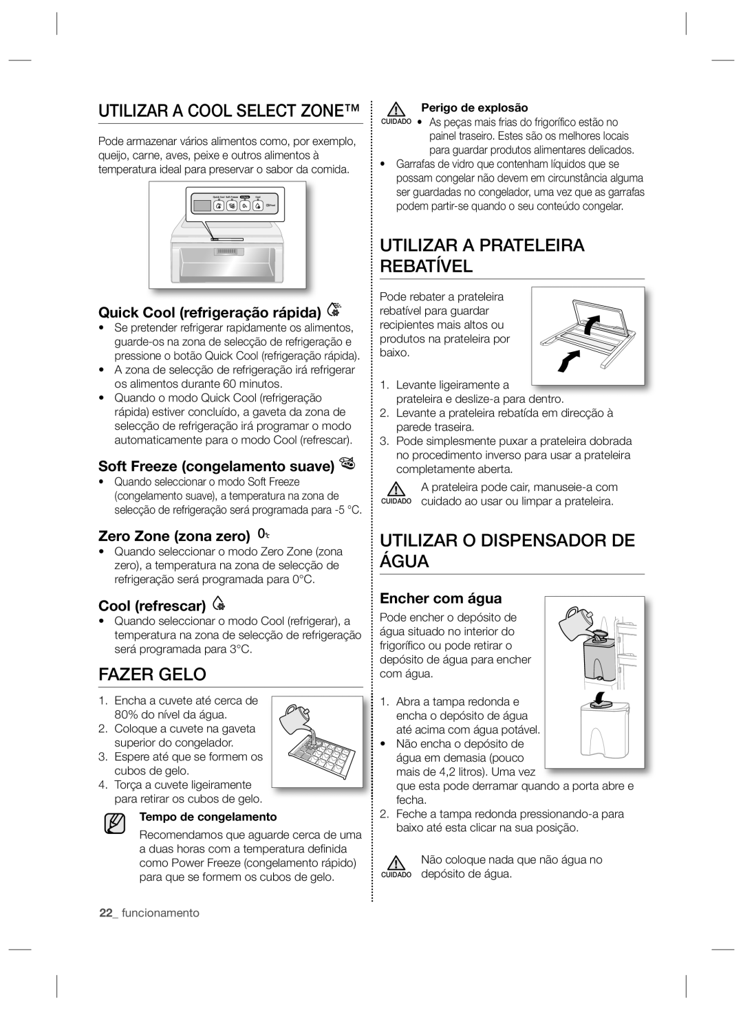 Samsung RL55VQBRS1/XES, RL55VJBIH1/XEF manual Utilizar a Prateleira Rebatível, Fazer Gelo, Utilizar O Dispensador DE Água 