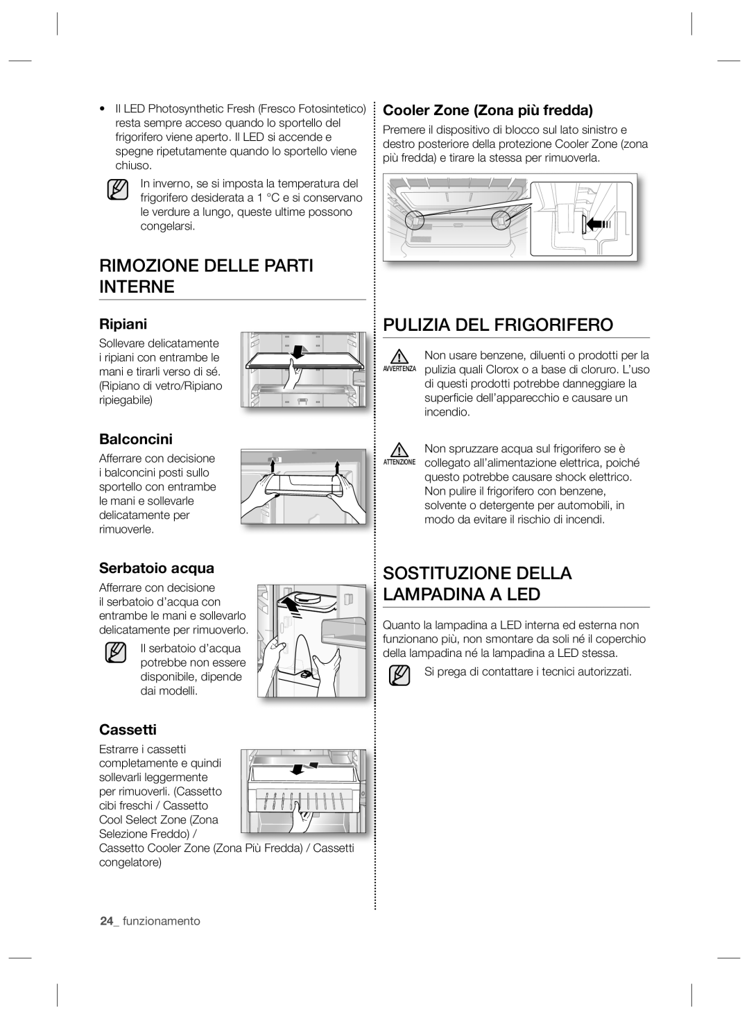 Samsung RL55VJBIH1/XEF manual Rimozione Delle Parti Interne, Pulizia DEL Frigorifero, Sostituzione Della Lampadina a LED 